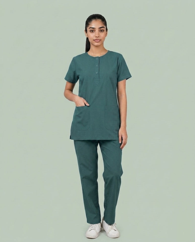 Ladies Round Neck Scrub Tich Button 3/4
