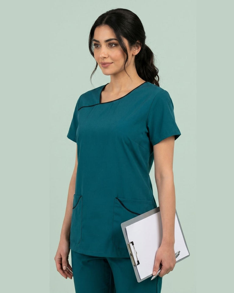 Women 4-Pocket Asymmetric Neck Scrub Top