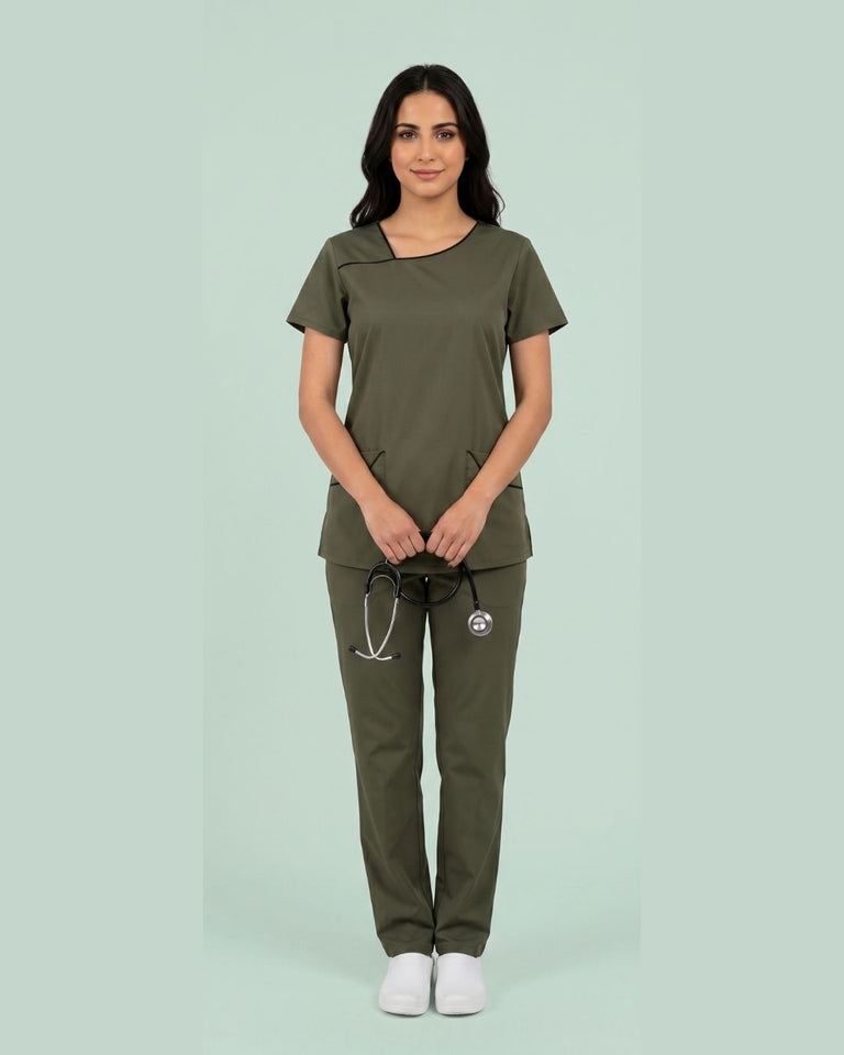 Women 4-Pocket Asymmetric Neck Scrub Top