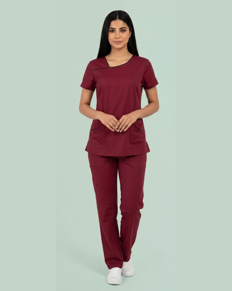 Women 4-Pocket Asymmetric Neck Scrub Top