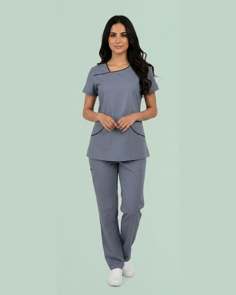 Women 4-Pocket Asymmetric Neck Scrub Top