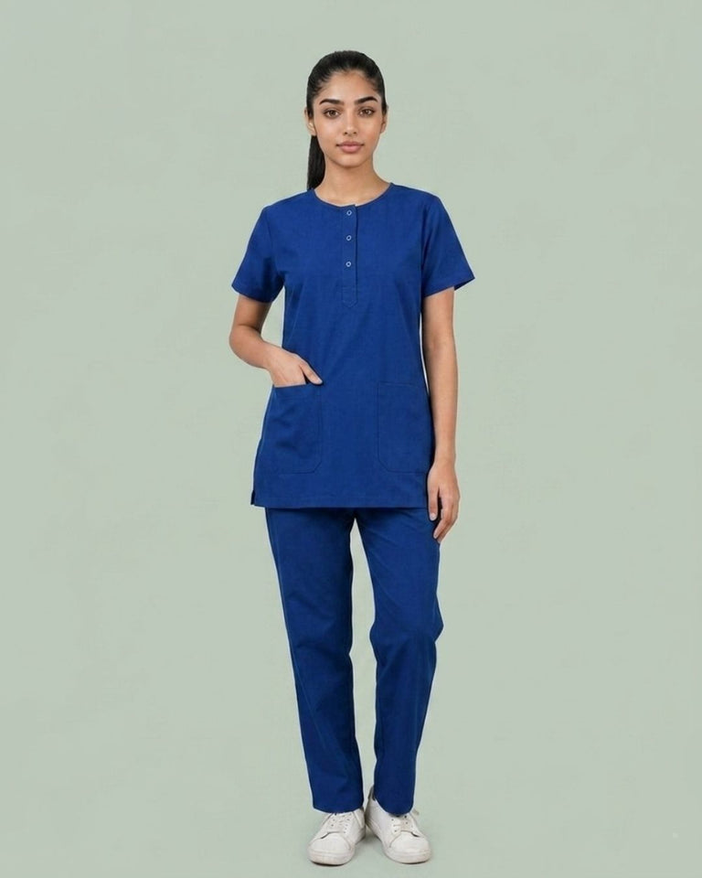 Ladies Round Neck Scrub Tich Button 3/4