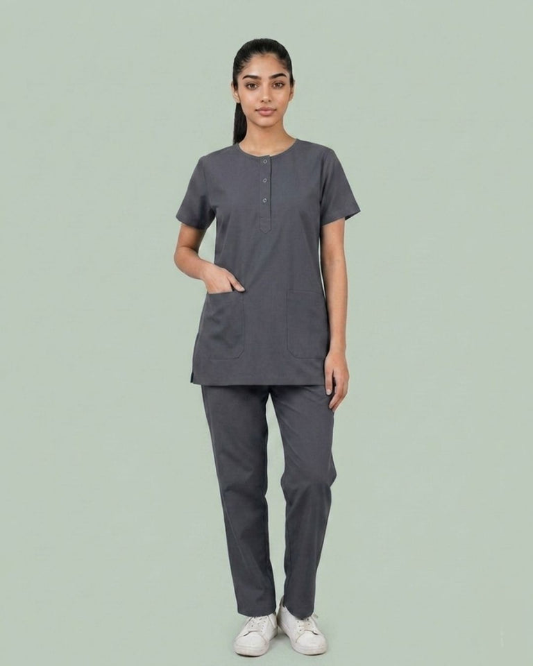 Ladies Round Neck Scrub Tich Button 3/4