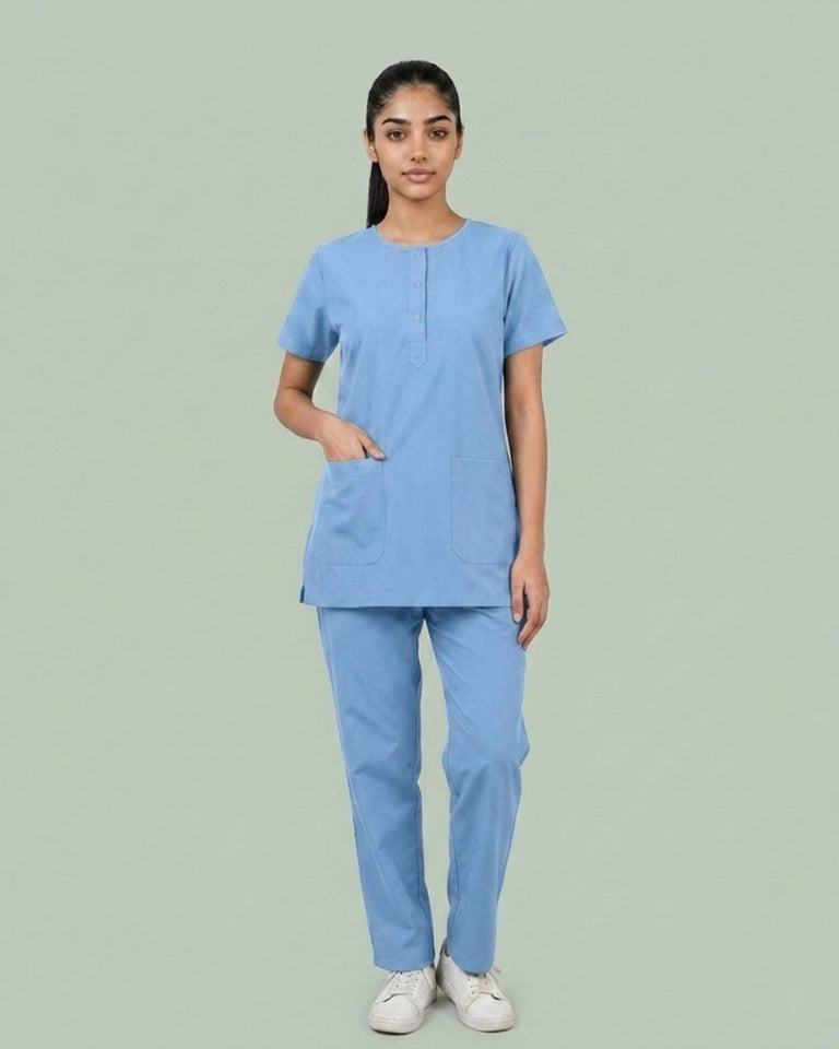 Ladies Round Neck Scrub Tich Button 3/4