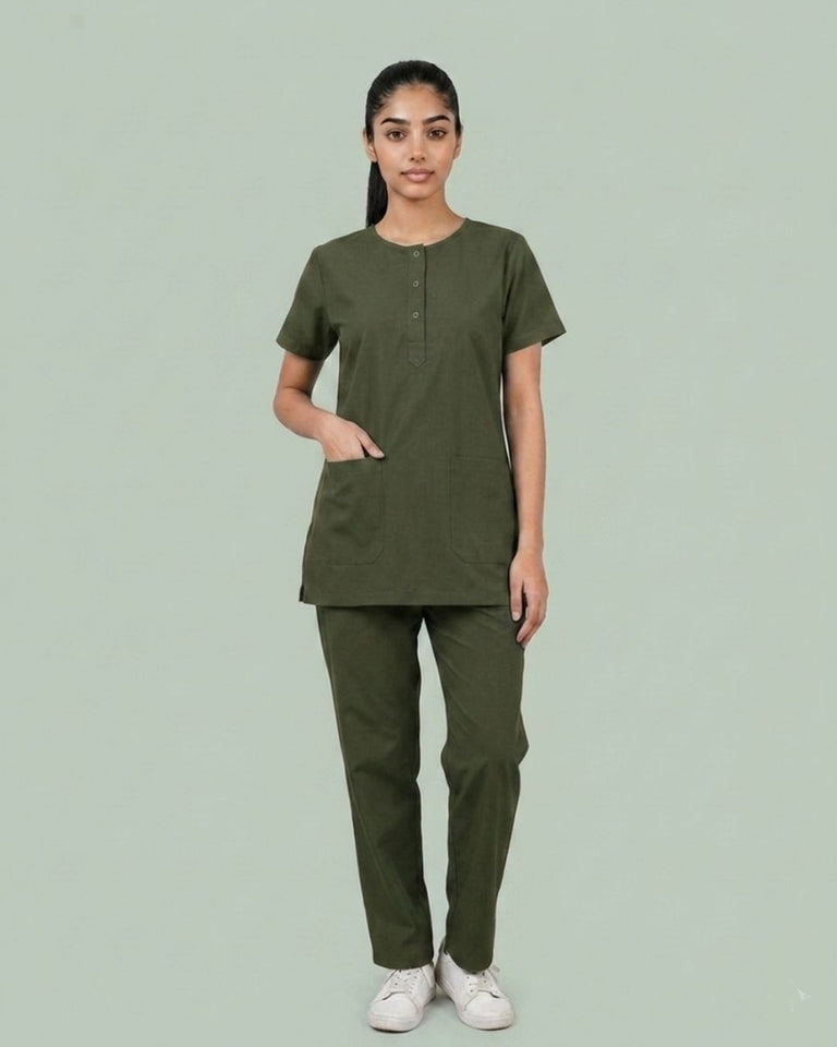 Ladies Round Neck Scrub Tich Button 3/4