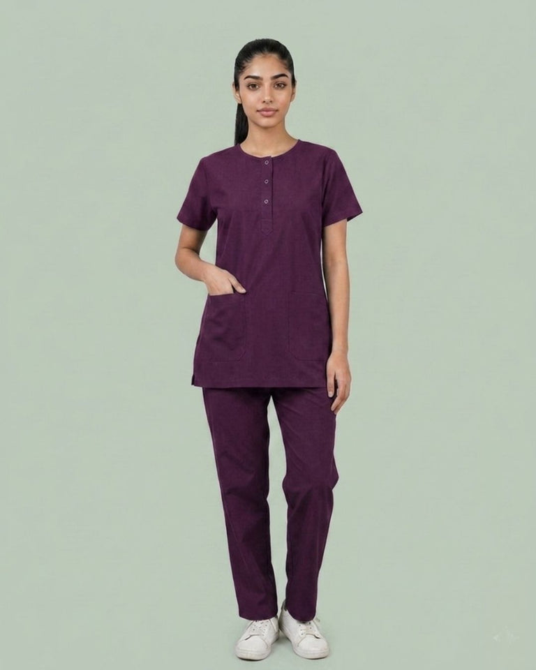 Ladies Round Neck Scrub Tich Button 3/4