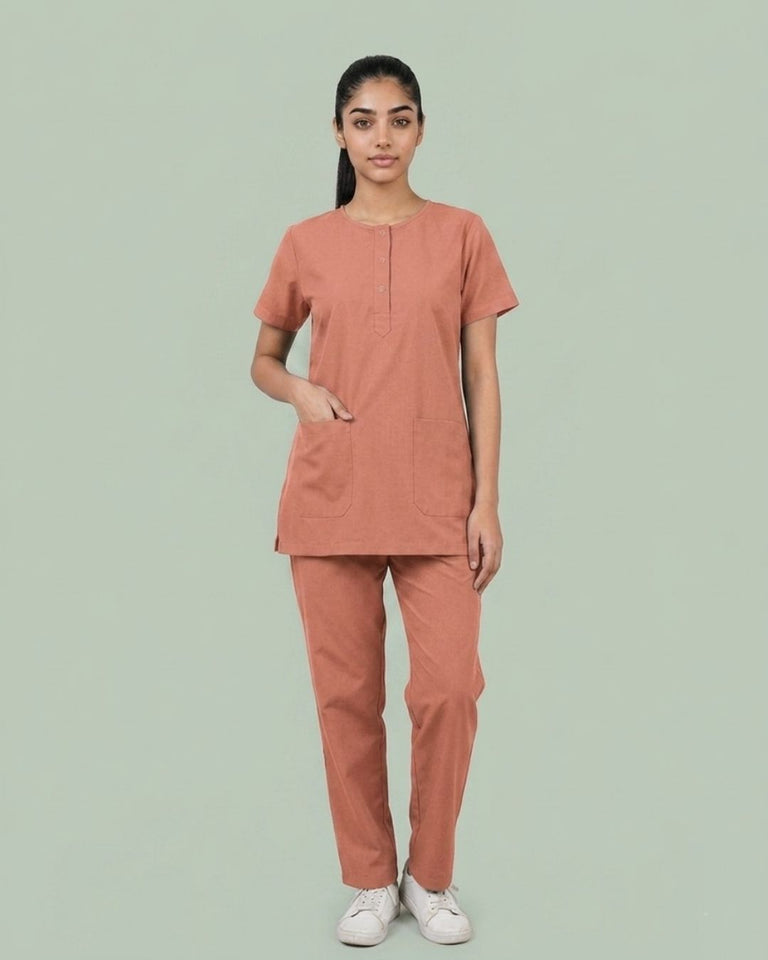 Ladies Round Neck Scrub Tich Button 3/4