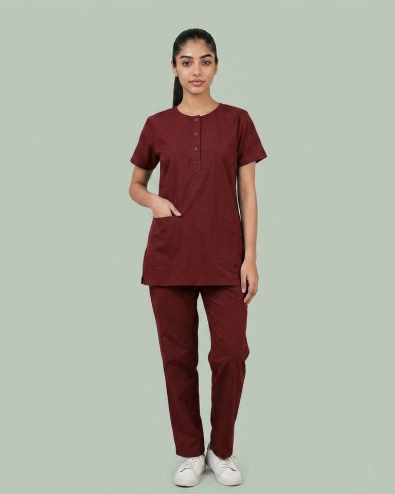 Ladies Round Neck Scrub Tich Button 3/4