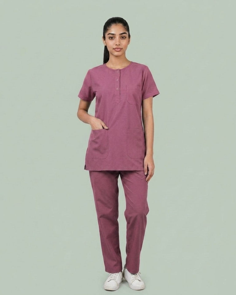 Ladies Round Neck Scrub Tich Button 3/4