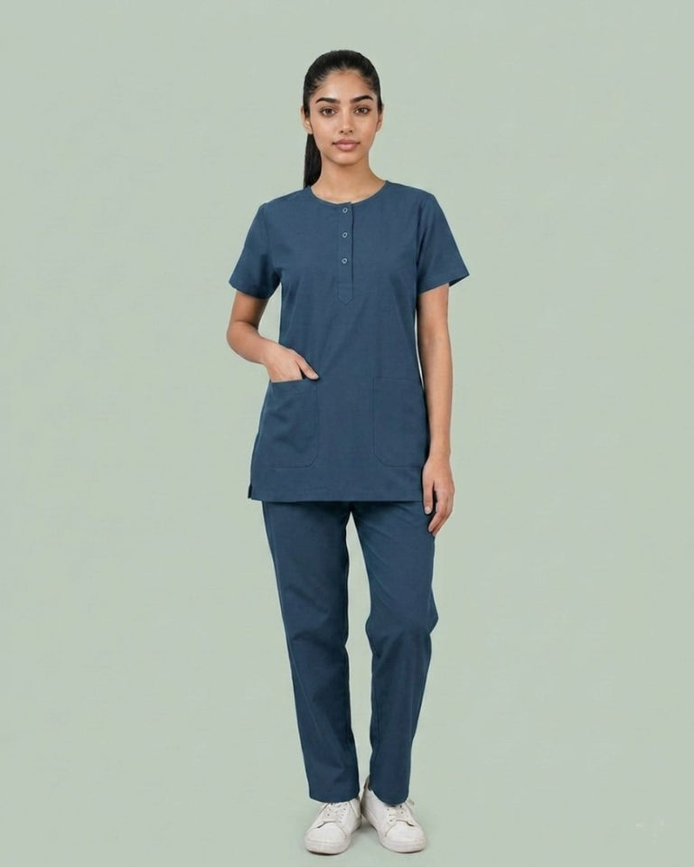 Ladies Round Neck Scrub Tich Button 3/4