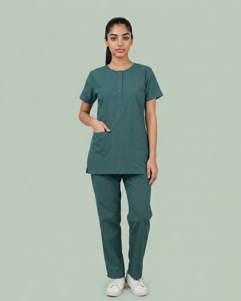 Ladies Round Neck Scrub Tich Button 3/4