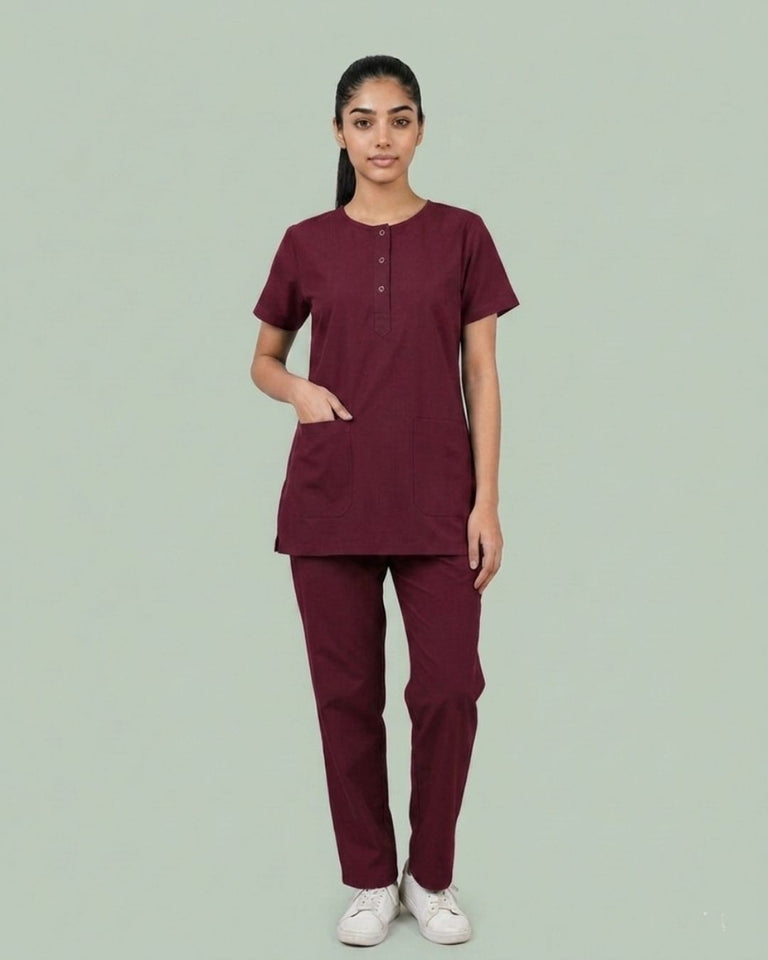 Ladies Round Neck Scrub Tich Button 3/4