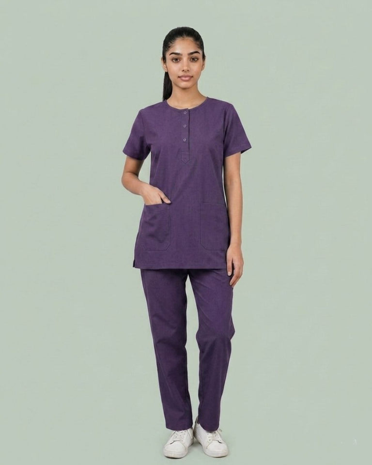 Ladies Round Neck Scrub Tich Button 3/4