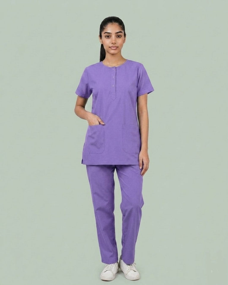 Ladies Round Neck Scrub Tich Button 3/4