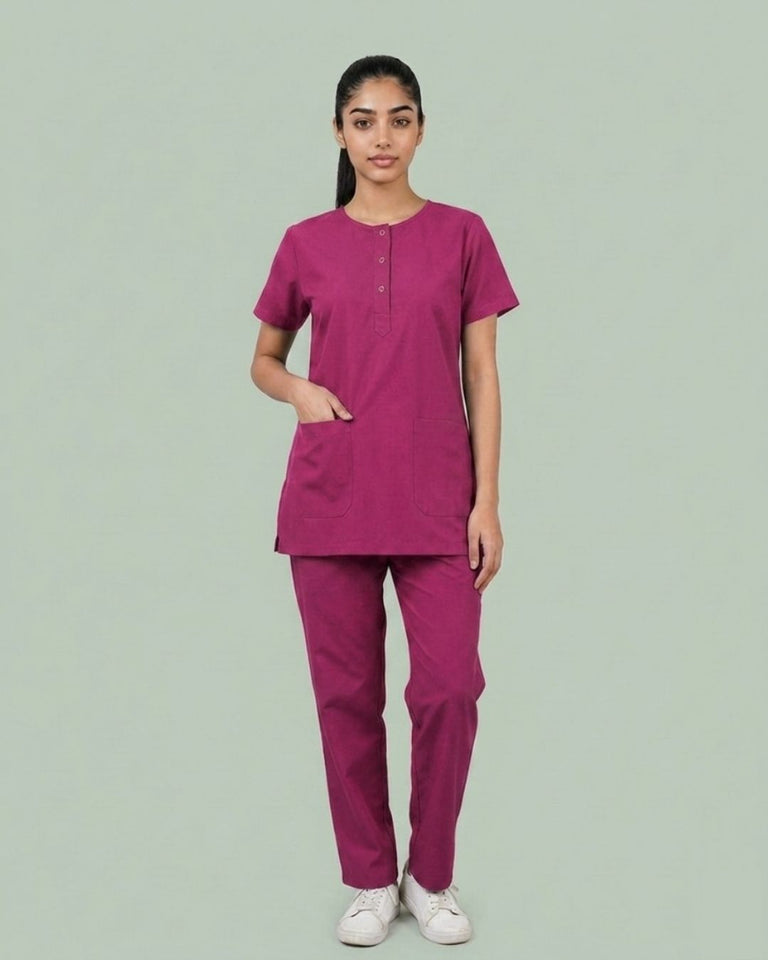Ladies Round Neck Scrub Tich Button 3/4