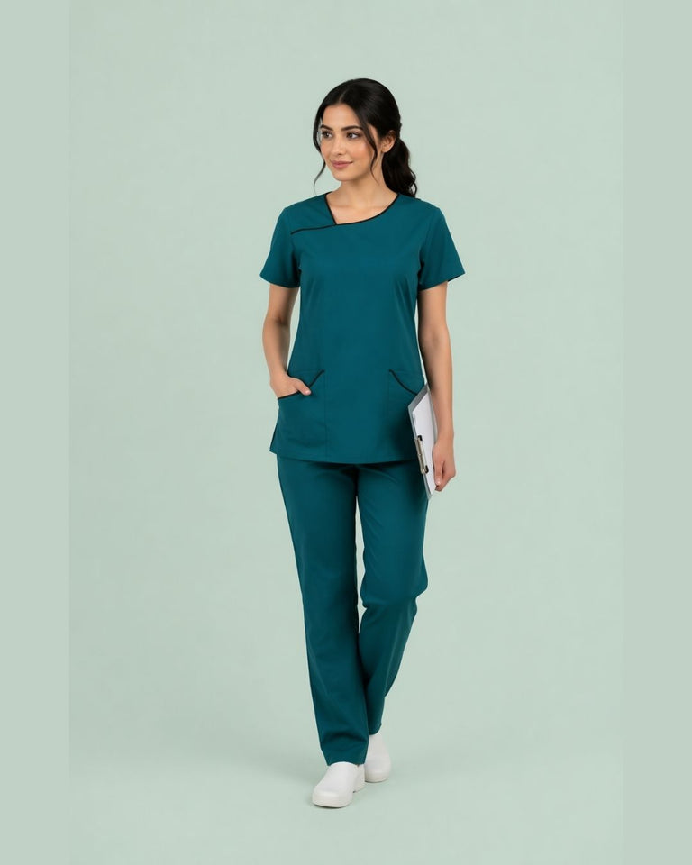 Women 4-Pocket Asymmetric Neck Scrub Top