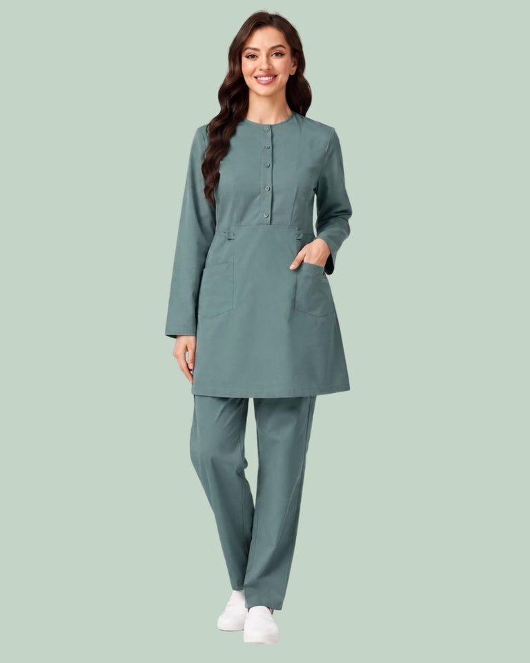 Ladies 2-Pocket Button Round Neck Tee
