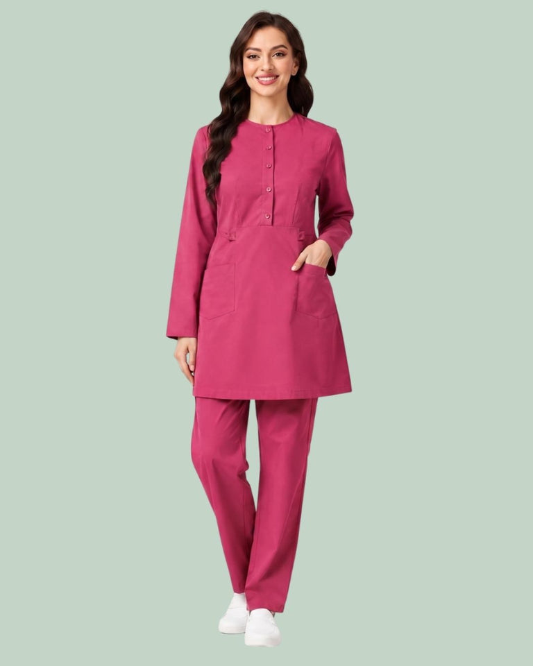 Ladies 2-Pocket Button Round Neck Tee