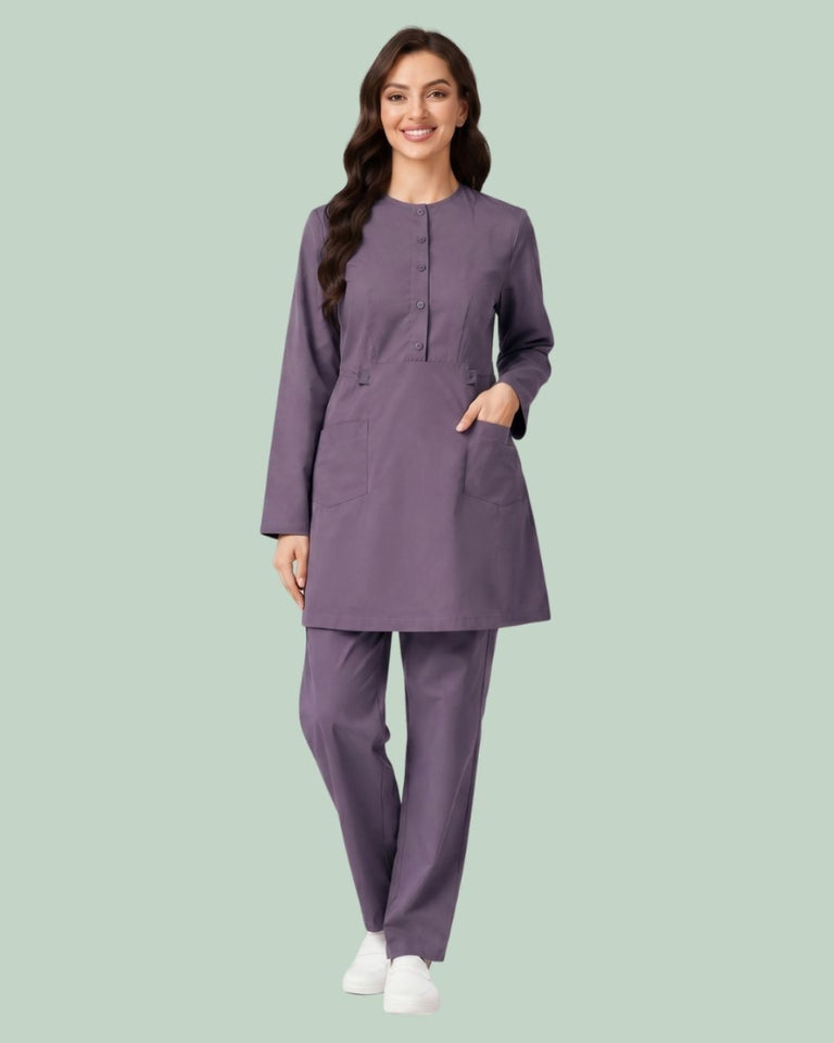 Ladies 2-Pocket Button Round Neck Tee