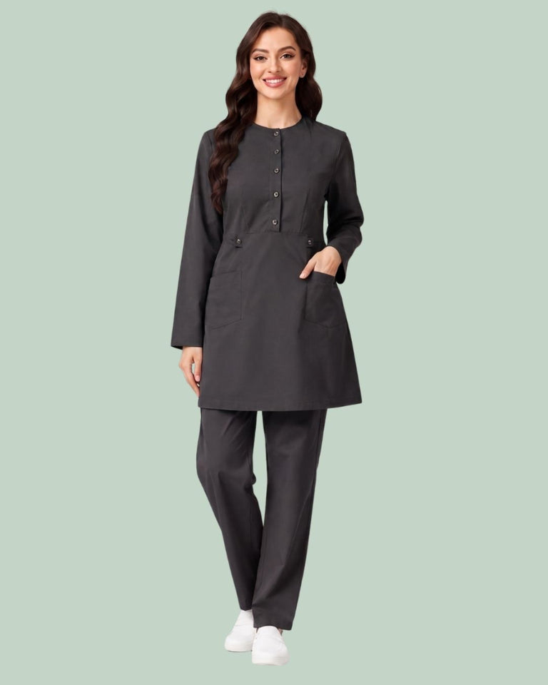 Ladies 2-Pocket Button Round Neck Tee