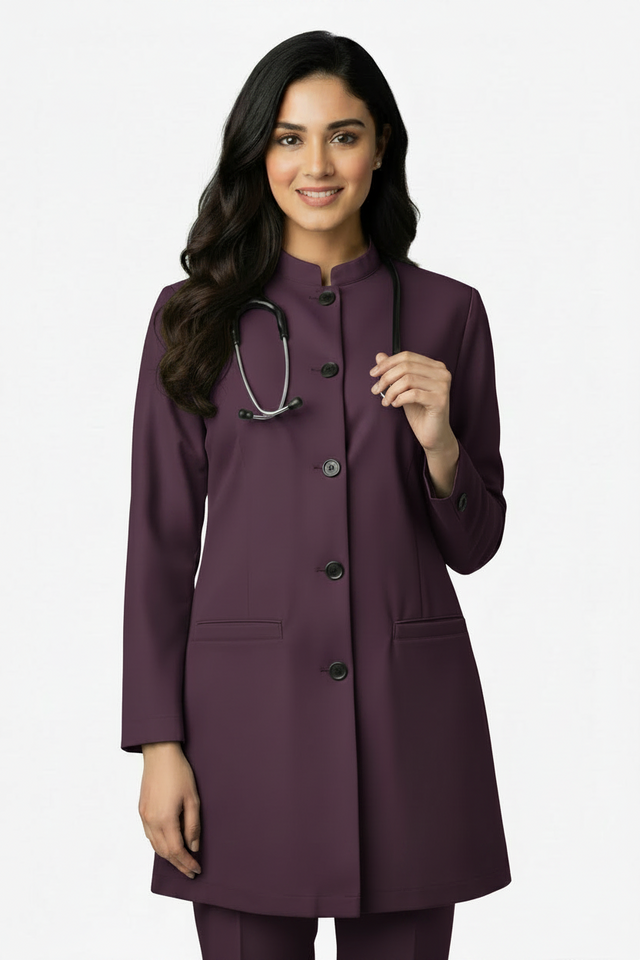 Ladies Round Neck Ban Collar Scrub Top with Buttons