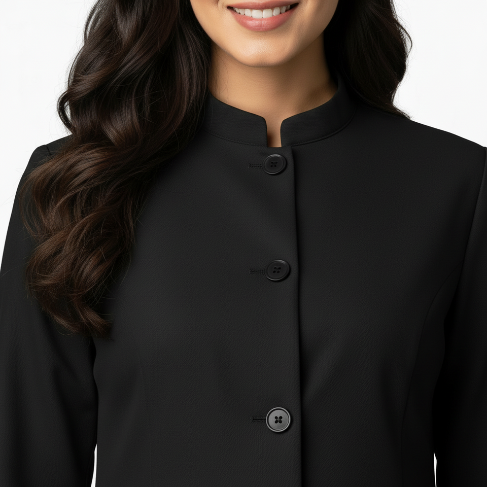 Ladies Round Neck Ban Collar Scrub Top with Buttons