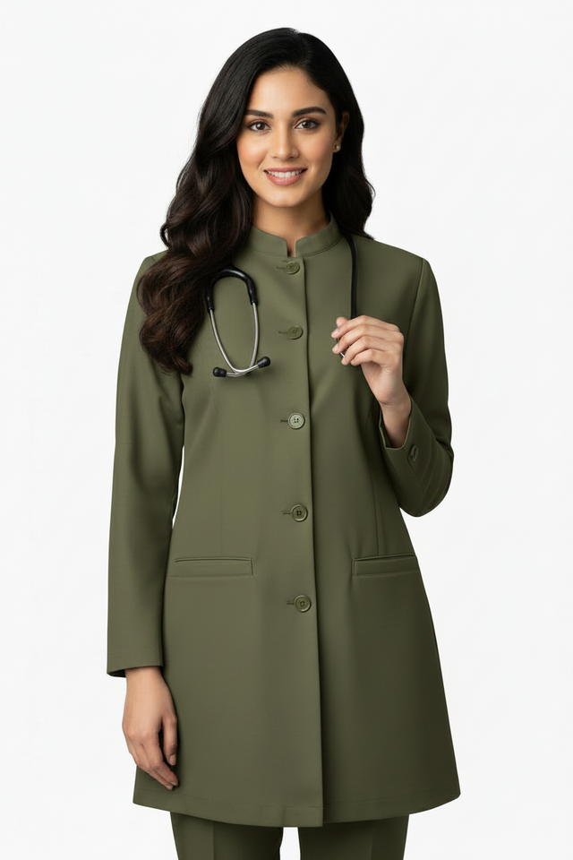 Ladies Round Neck Ban Collar Scrub Top with Buttons
