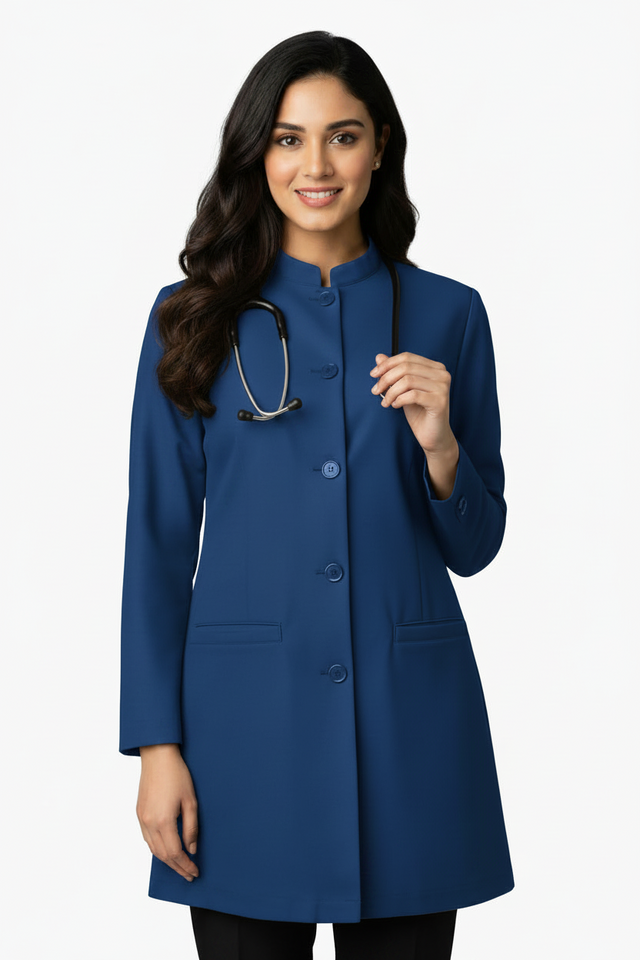 Ladies Round Neck Ban Collar Scrub Top with Buttons