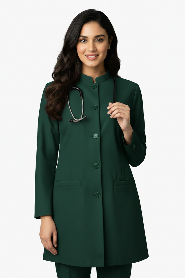 Ladies Round Neck Ban Collar Scrub Top with Buttons
