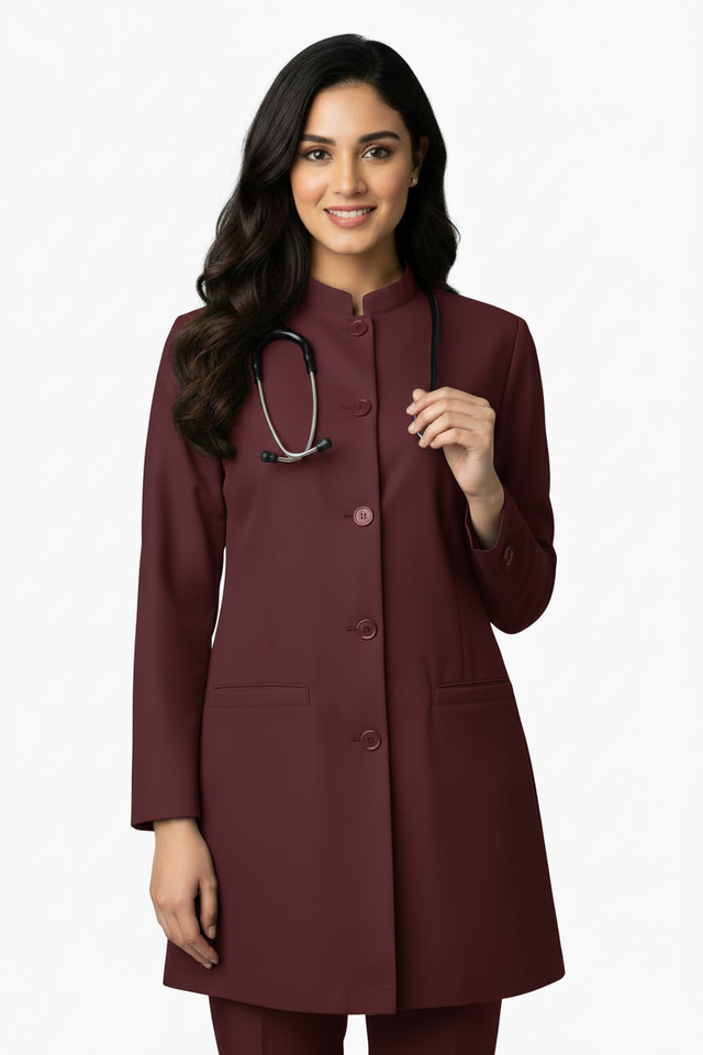 Ladies Round Neck Ban Collar Scrub Top with Buttons