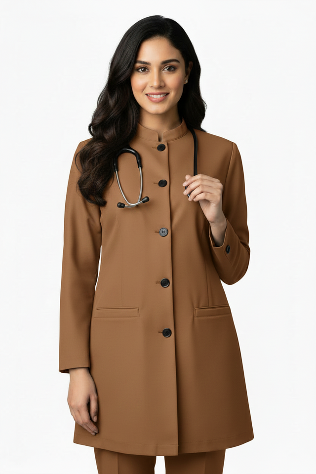 Ladies Round Neck Ban Collar Scrub Top with Buttons