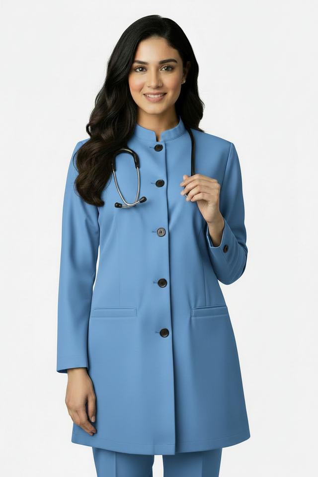 Ladies Round Neck Ban Collar Scrub Top with Buttons