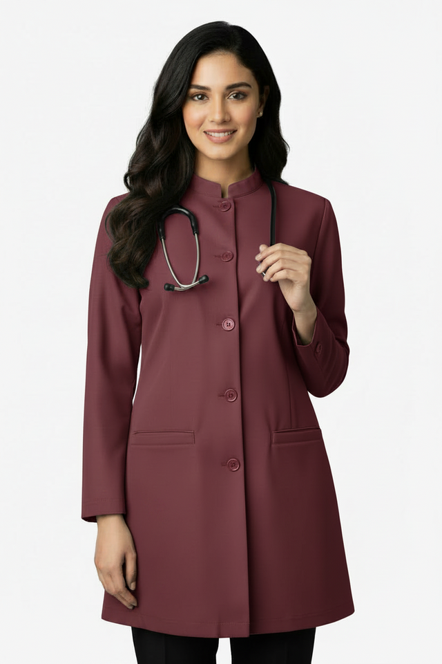 Ladies Round Neck Ban Collar Scrub Top with Buttons