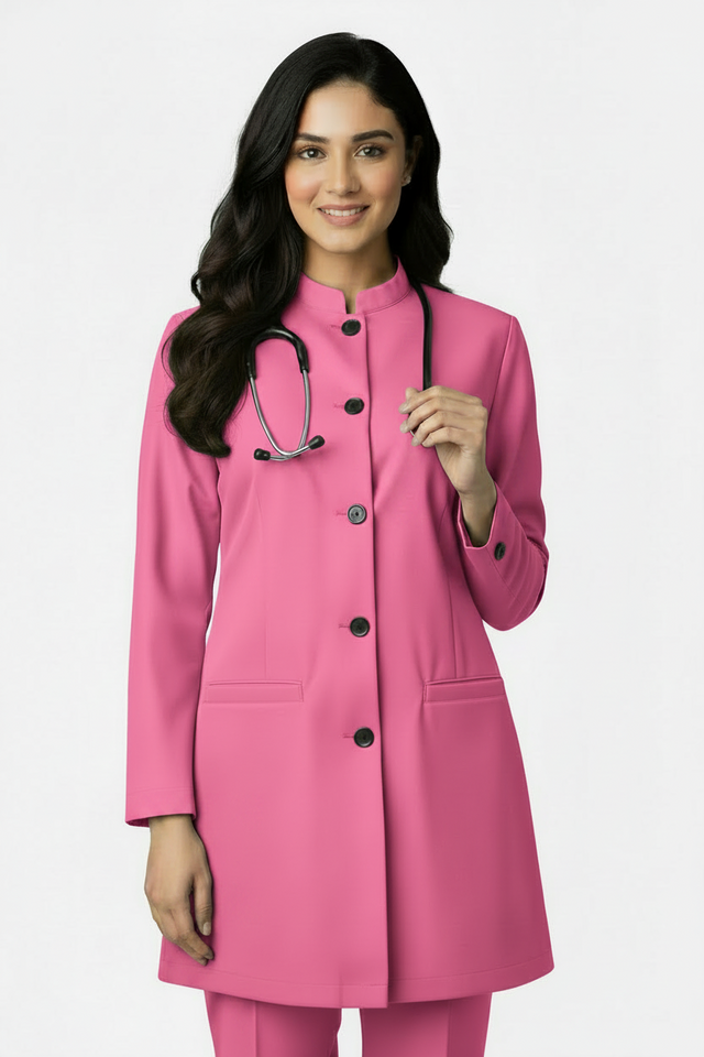 Ladies Round Neck Ban Collar Scrub Top with Buttons