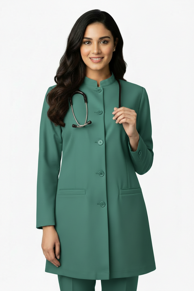 Ladies Round Neck Ban Collar Scrub Top with Buttons