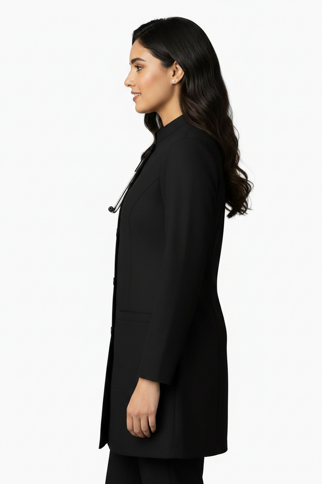 Ladies Round Neck Ban Collar Scrub Top with Buttons
