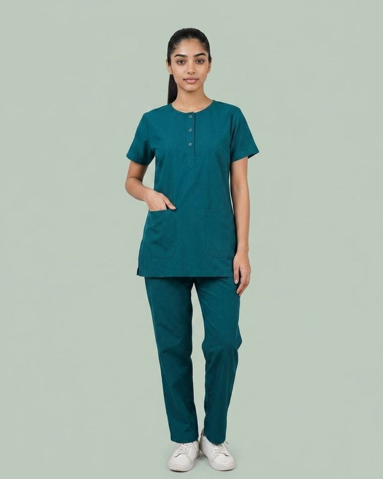 Ladies Round Neck Scrub Tich Button 3/4