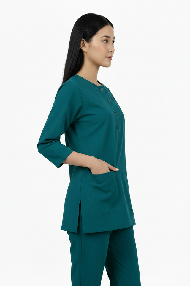 Ladies Round Neck Scrub Steel/Tich Button design 3 quarter Sleeves