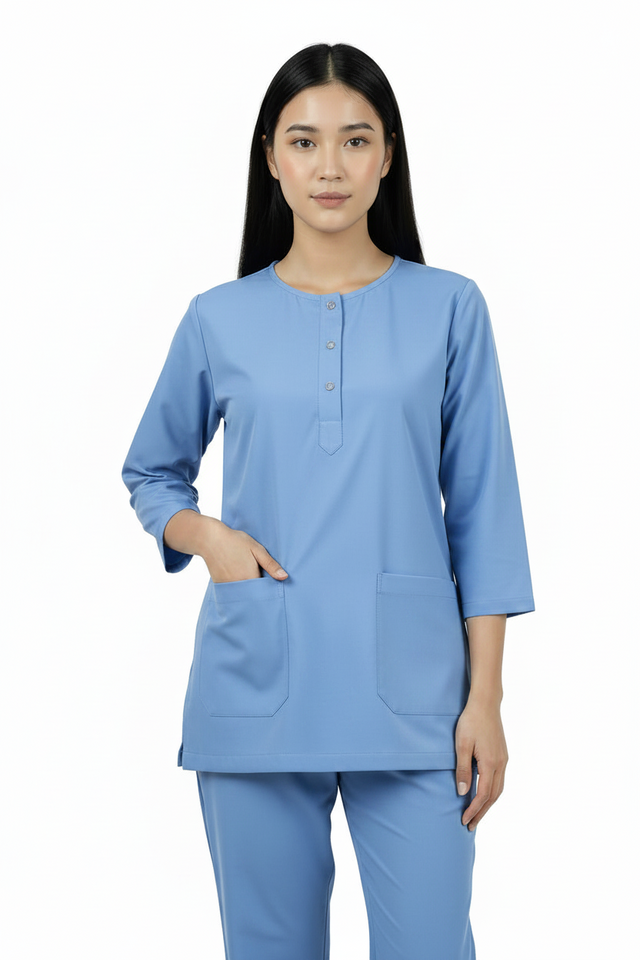 Ladies Round Neck Scrub Steel/Tich Button design 3 quarter Sleeves