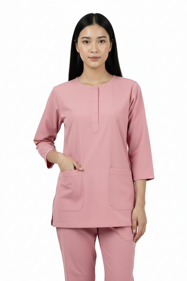 Ladies Round Neck Scrub Steel/Tich Button design 3 quarter Sleeves