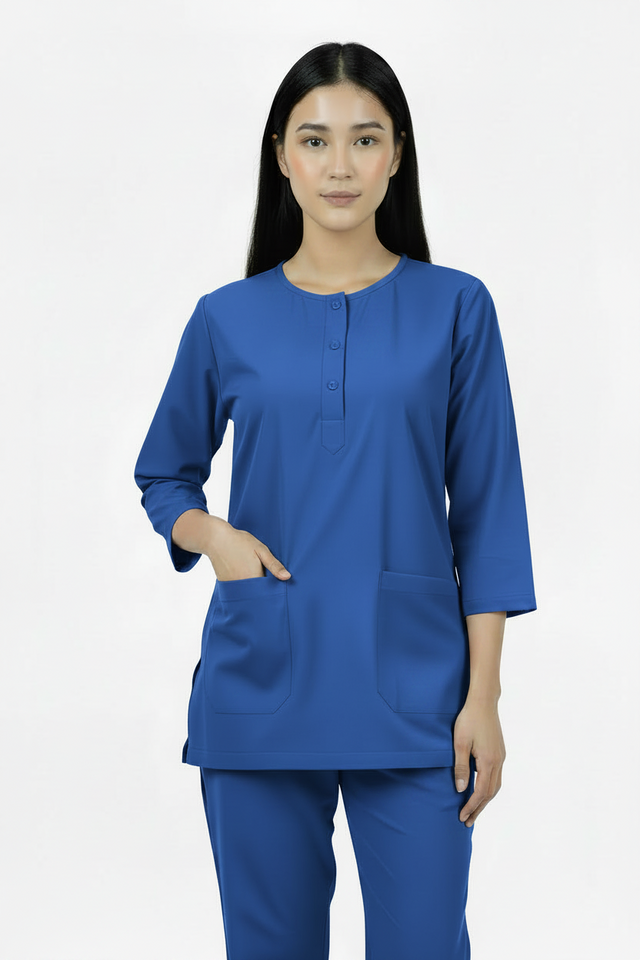 Ladies Round Neck Scrub Steel/Tich Button design 3 quarter Sleeves