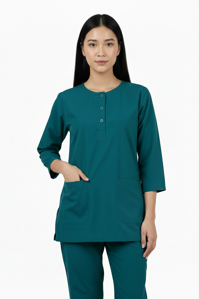 Ladies Round Neck Scrub Steel/Tich Button design 3 quarter Sleeves