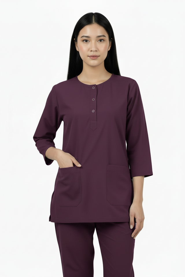 Ladies Round Neck Scrub Steel/Tich Button design 3 quarter Sleeves