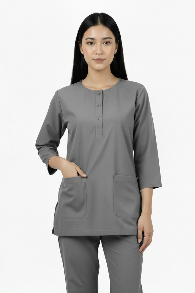 Ladies Round Neck Scrub Steel/Tich Button design 3 quarter Sleeves
