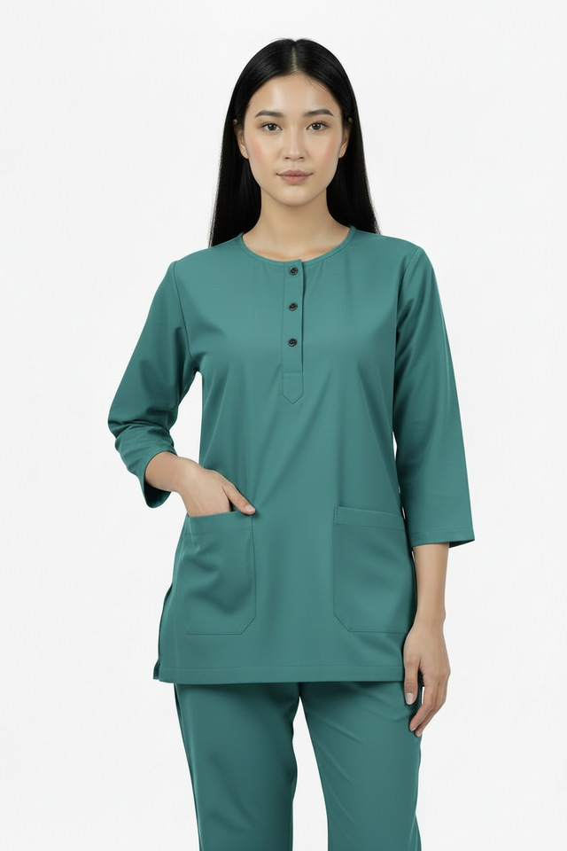 Ladies Round Neck Scrub Steel/Tich Button design 3 quarter Sleeves