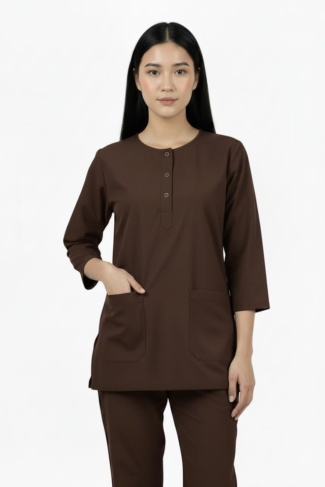 Ladies Round Neck Scrub Steel/Tich Button design 3 quarter Sleeves