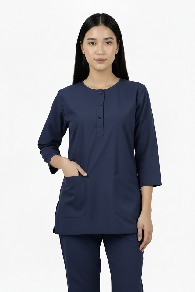 Ladies Round Neck Scrub Steel/Tich Button design 3 quarter Sleeves