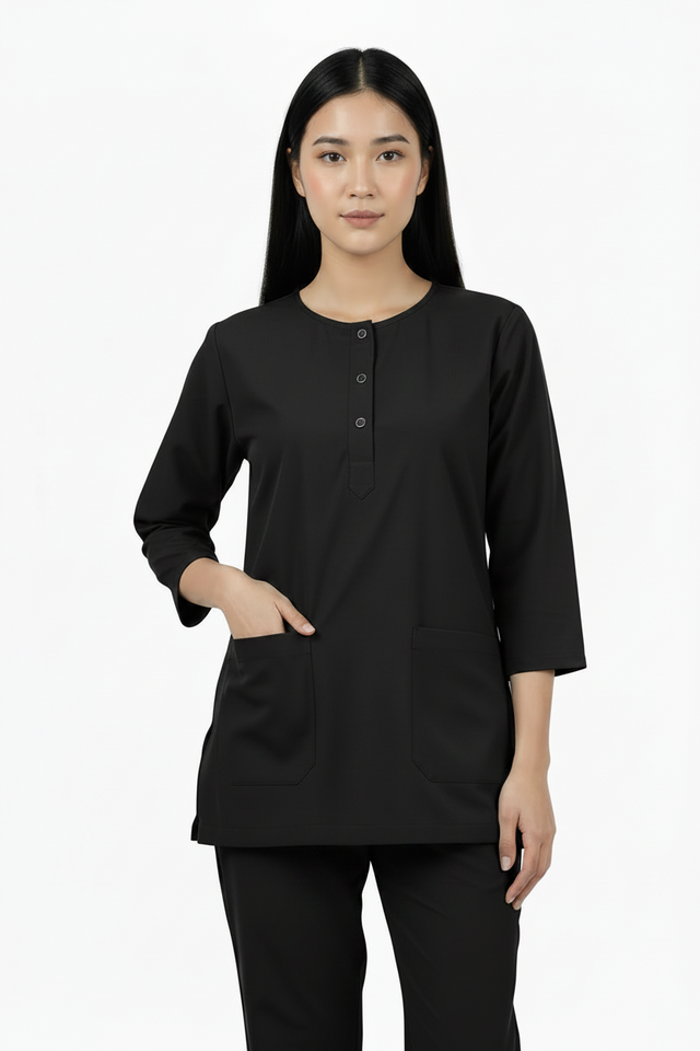 Ladies Round Neck Scrub Steel/Tich Button design 3 quarter Sleeves