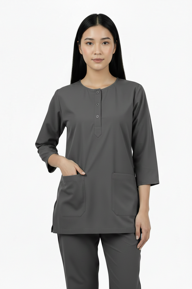 Ladies Round Neck Scrub Steel/Tich Button design 3 quarter Sleeves