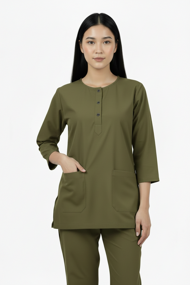 Ladies Round Neck Scrub Steel/Tich Button design 3 quarter Sleeves